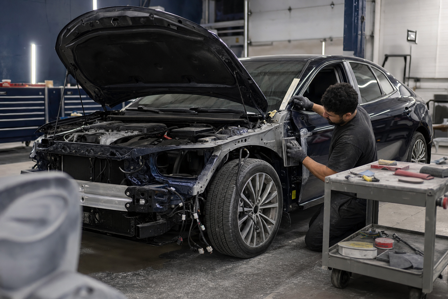 Technician repairing a front collision area on a sedan inside a professional body shop bay