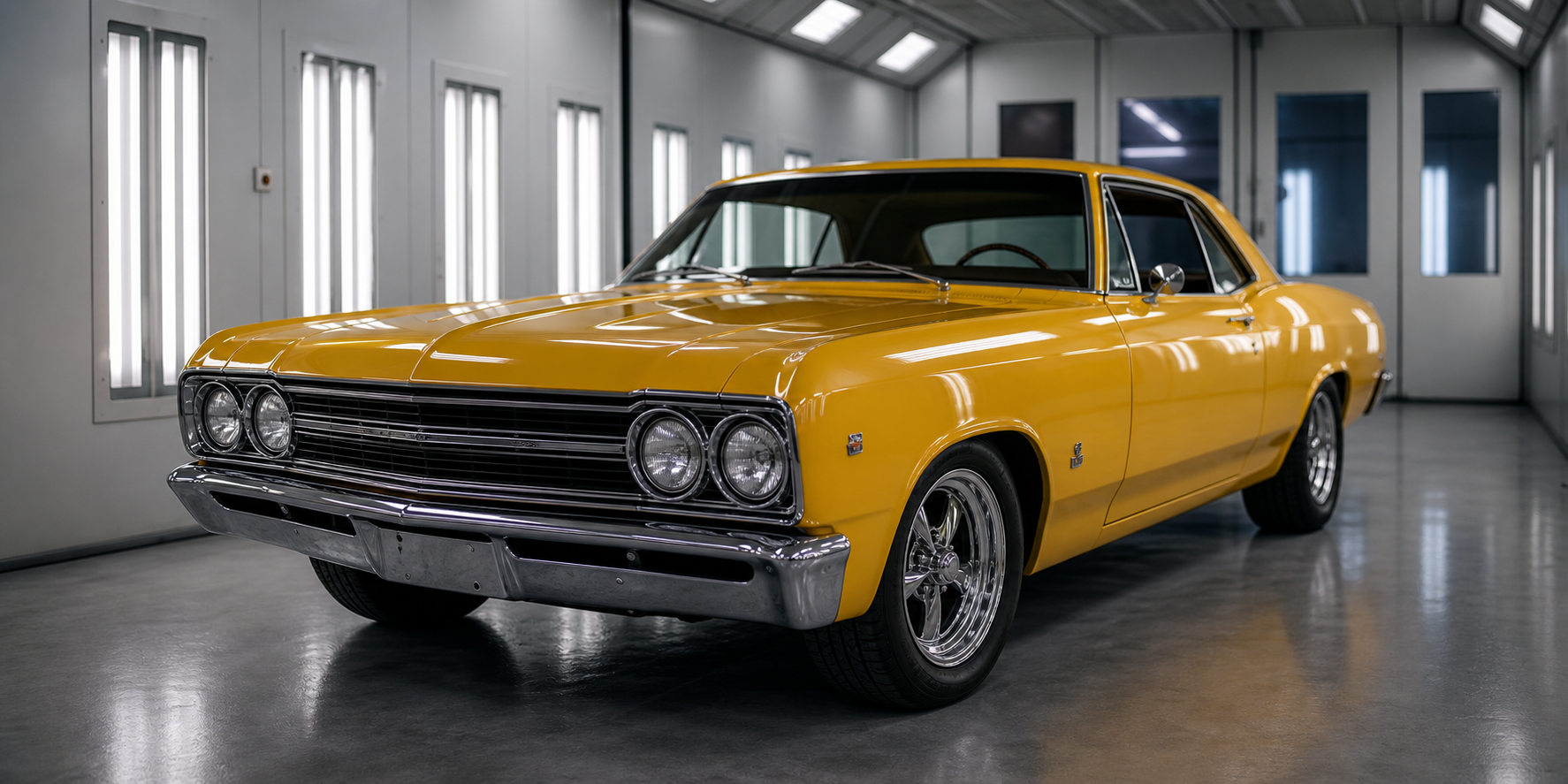 Finished yellow classic car gleaming under paint booth lights