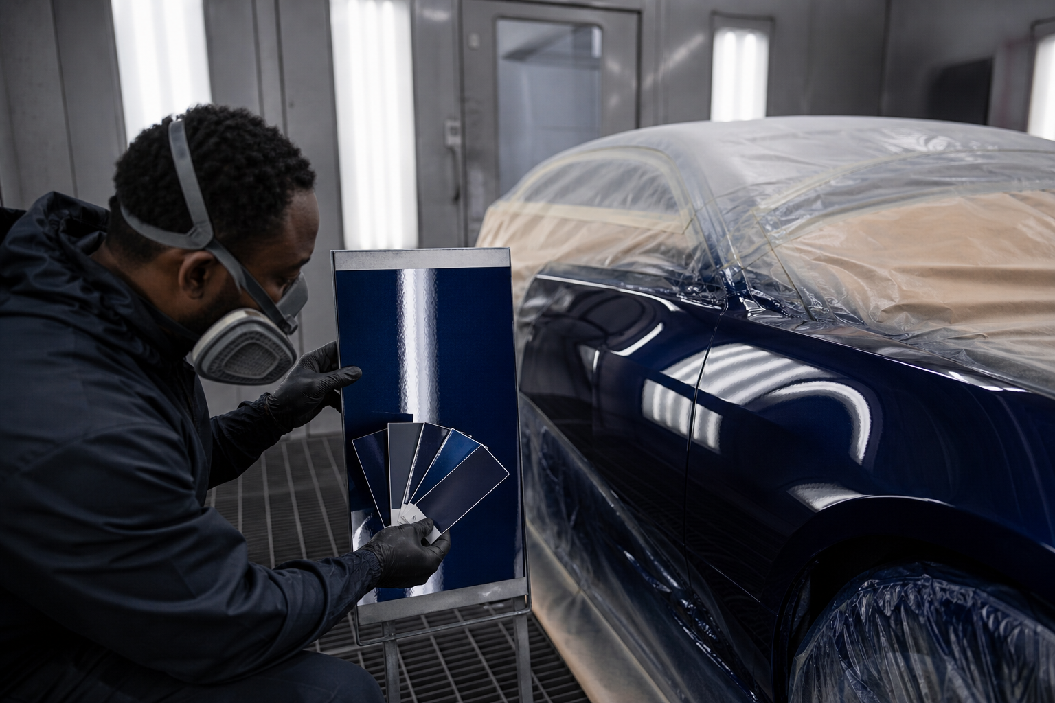 Paint technician comparing deep navy color samples beside a freshly painted panel